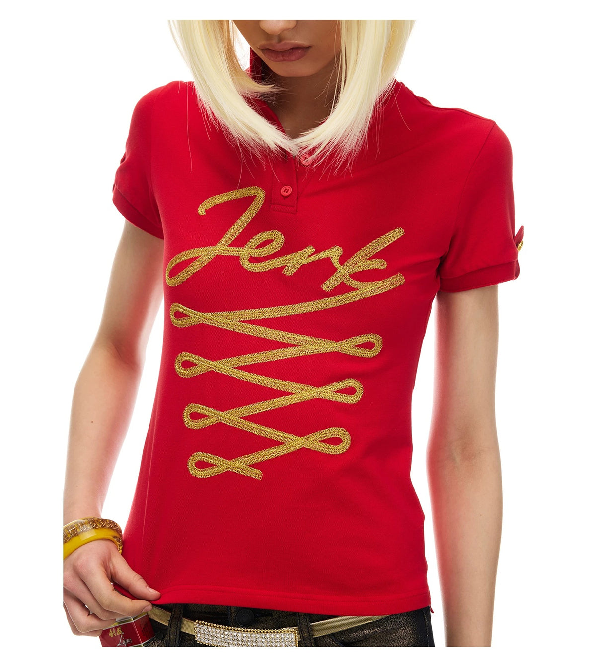 NORGIRA Red Jerk Gold-Embroidered Polo Shirt - red polo, collar and button placket detail