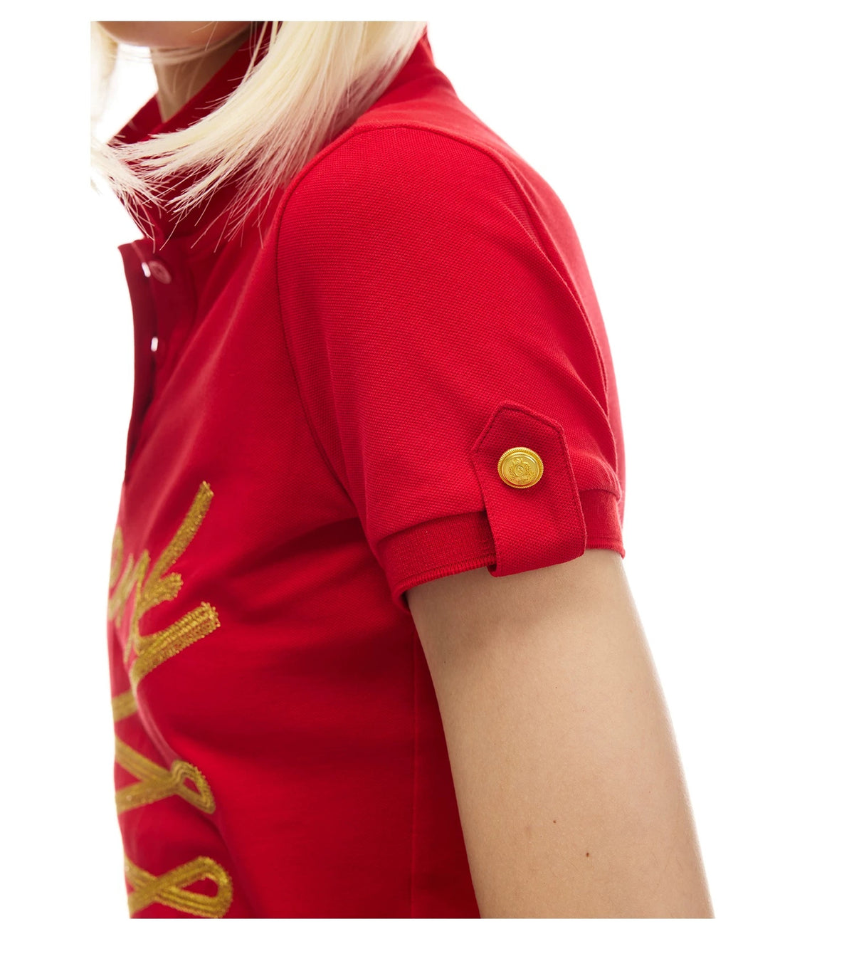 NORGIRA Red Jerk Gold-Embroidered Polo Shirt - red polo, sleeve button tab detail