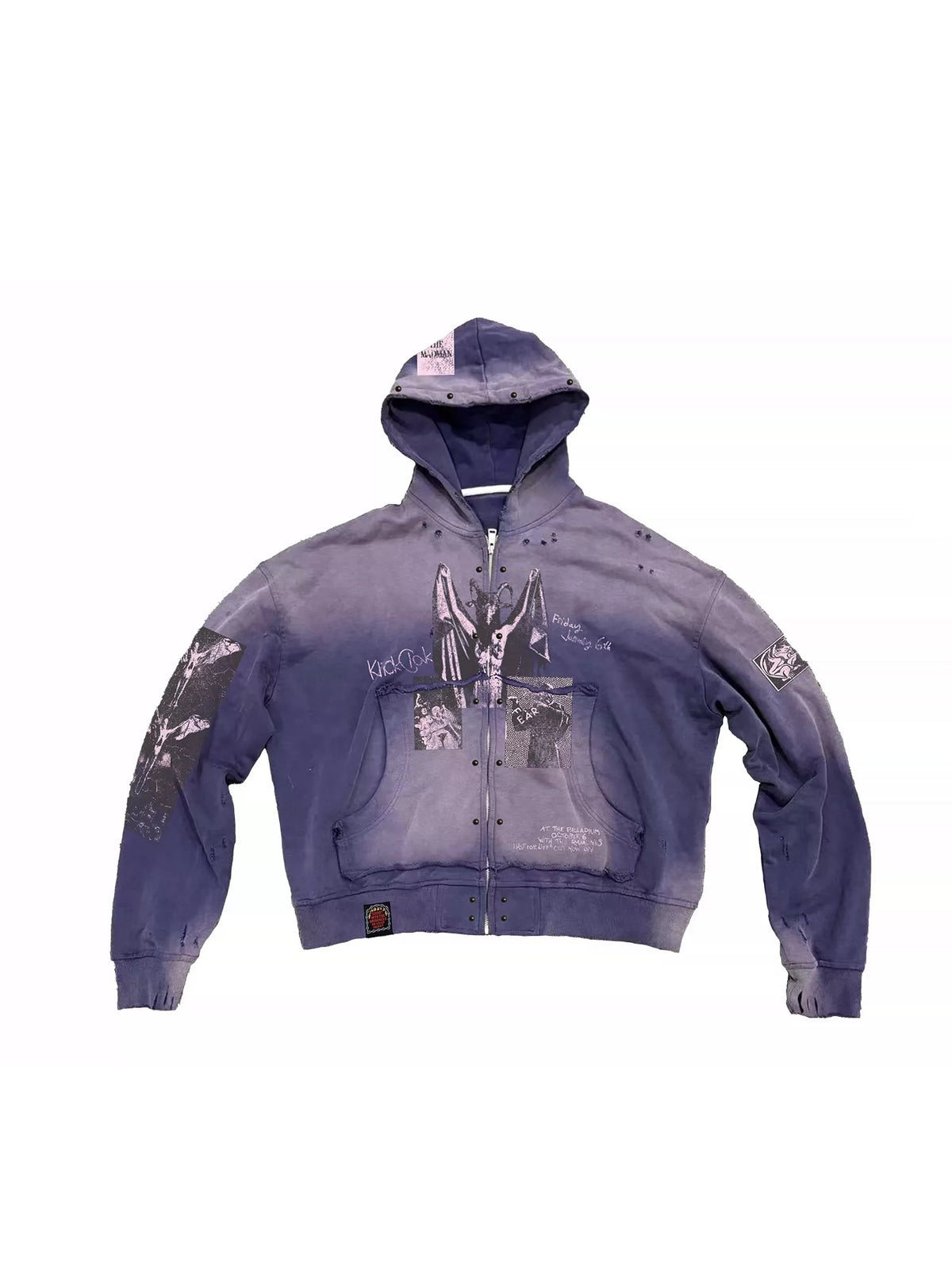 KLICKCLAK Purple Washed Vampire Print Distressed Zip-Up Hoodie - Purple front flat lay