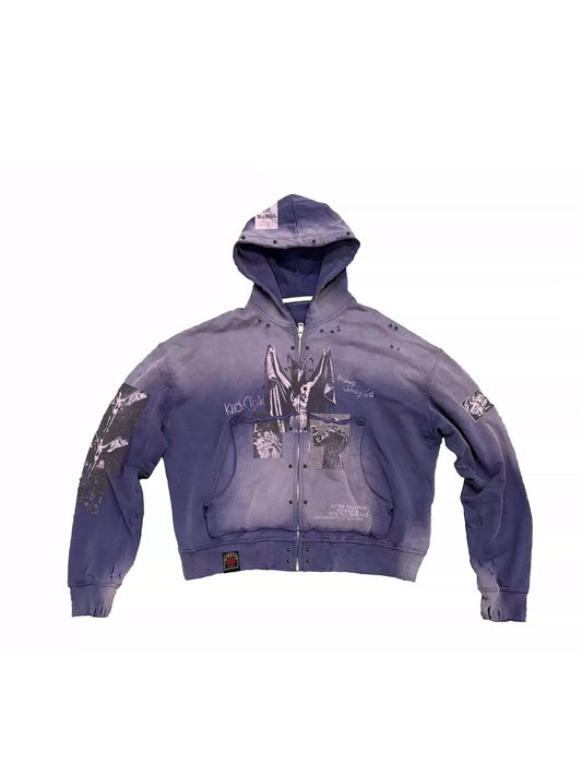 KLICKCLAK Purple Washed Vampire Print Distressed Zip-Up Hoodie - Purple front flat lay