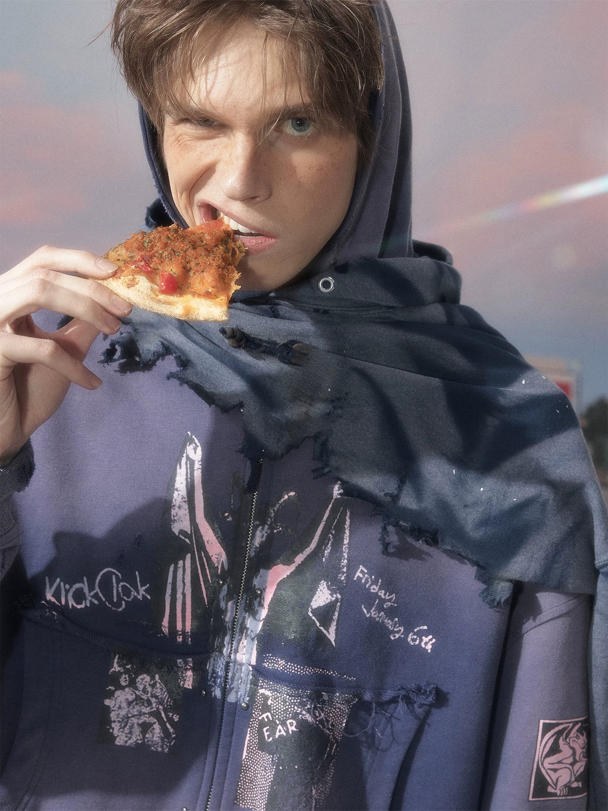 KLICKCLAK Purple Washed Vampire Print Distressed Zip-Up Hoodie - Purple close-up on model