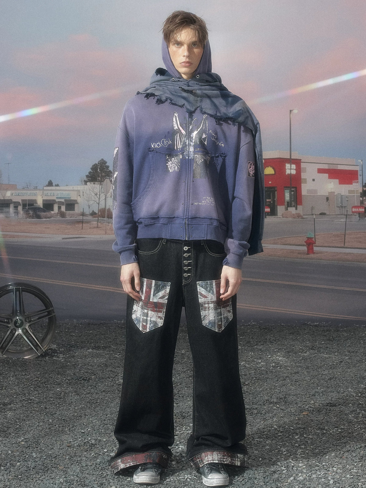 KLICKCLAK Purple Washed Vampire Print Distressed Zip-Up Hoodie - Purple front on model