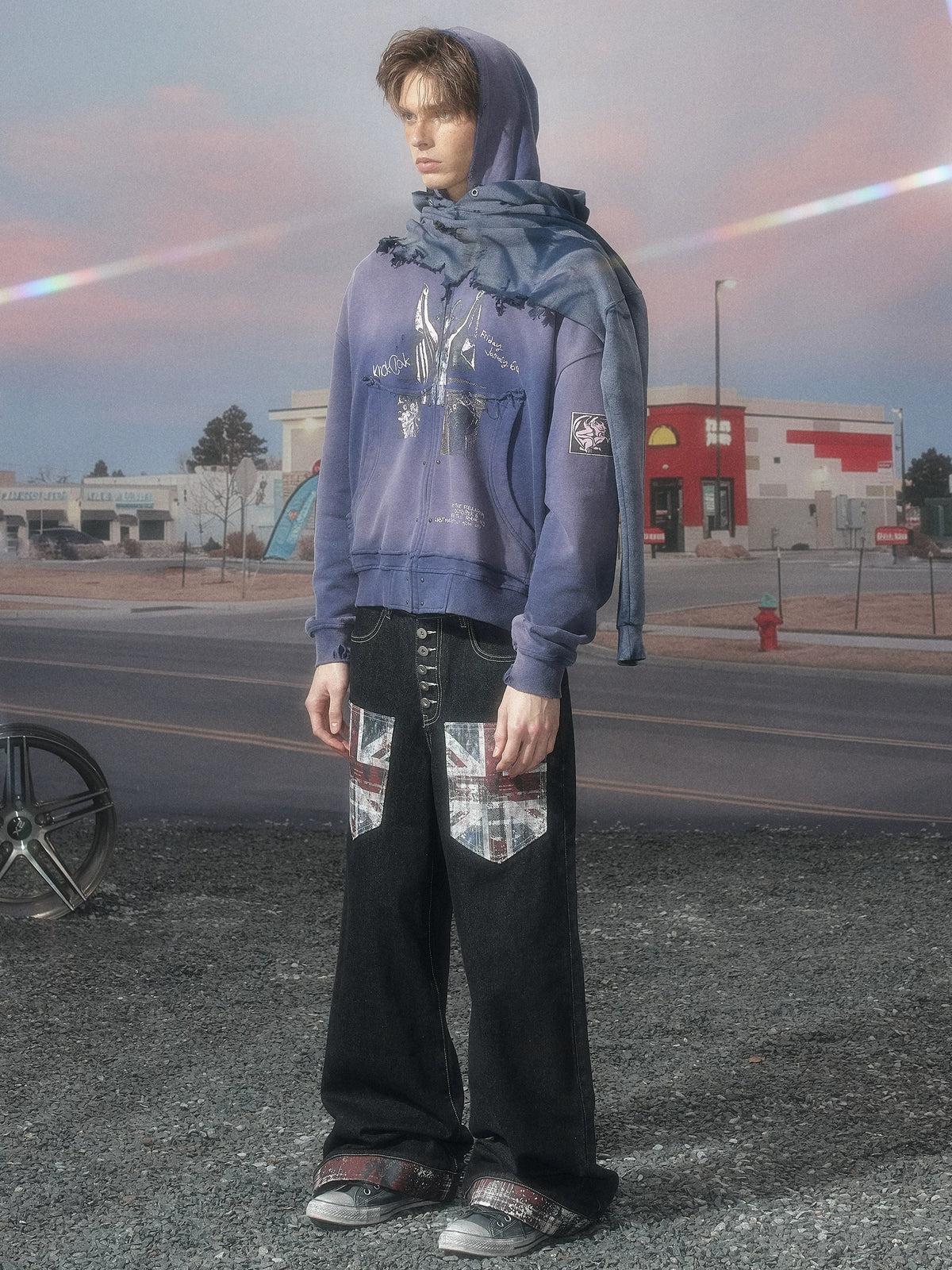 KLICKCLAK Purple Washed Vampire Print Distressed Zip-Up Hoodie - Purple three-quarter view on model