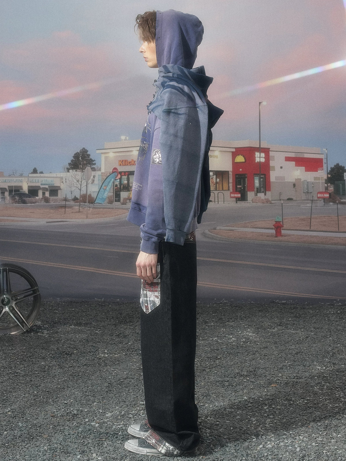 KLICKCLAK Purple Washed Vampire Print Distressed Zip-Up Hoodie - Purple side view on model