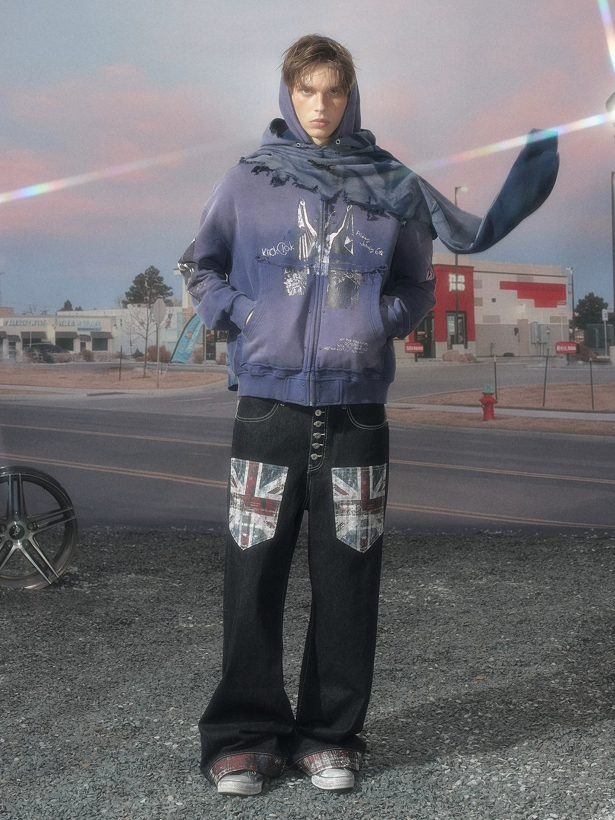 KLICKCLAK Purple Washed Vampire Print Distressed Zip-Up Hoodie - Purple styled outfit on model