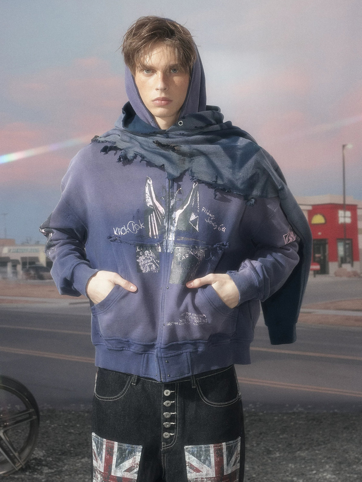 KLICKCLAK Purple Washed Vampire Print Distressed Zip-Up Hoodie - Purple hood up on model