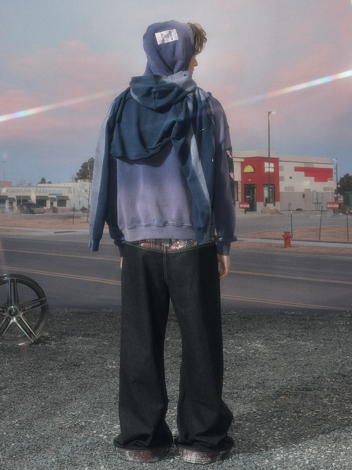 KLICKCLAK Purple Washed Vampire Print Distressed Zip-Up Hoodie - Purple back on model