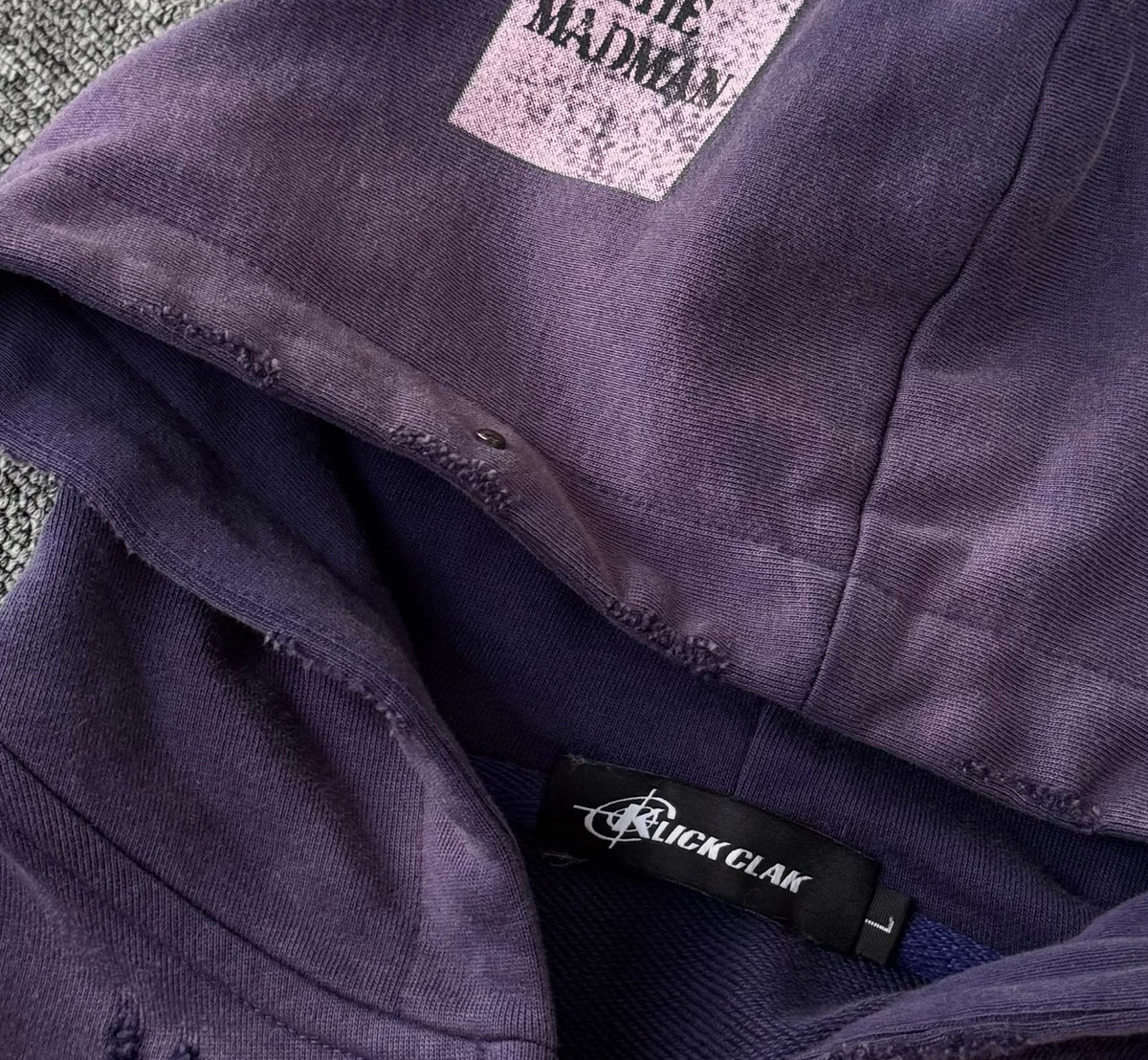 KLICKCLAK Purple Washed Vampire Print Distressed Zip-Up Hoodie - Purple hood wash detail