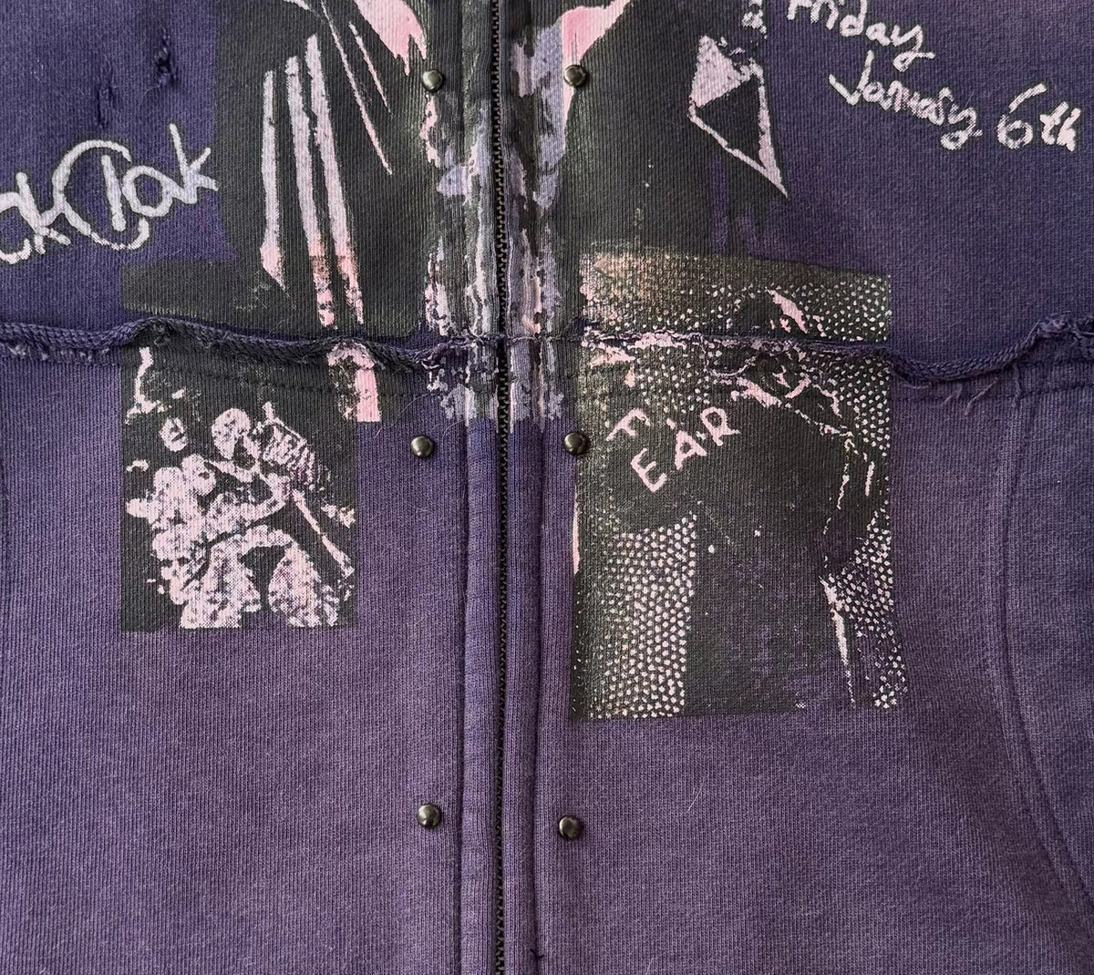 KLICKCLAK Purple Washed Vampire Print Distressed Zip-Up Hoodie - Purple print detail