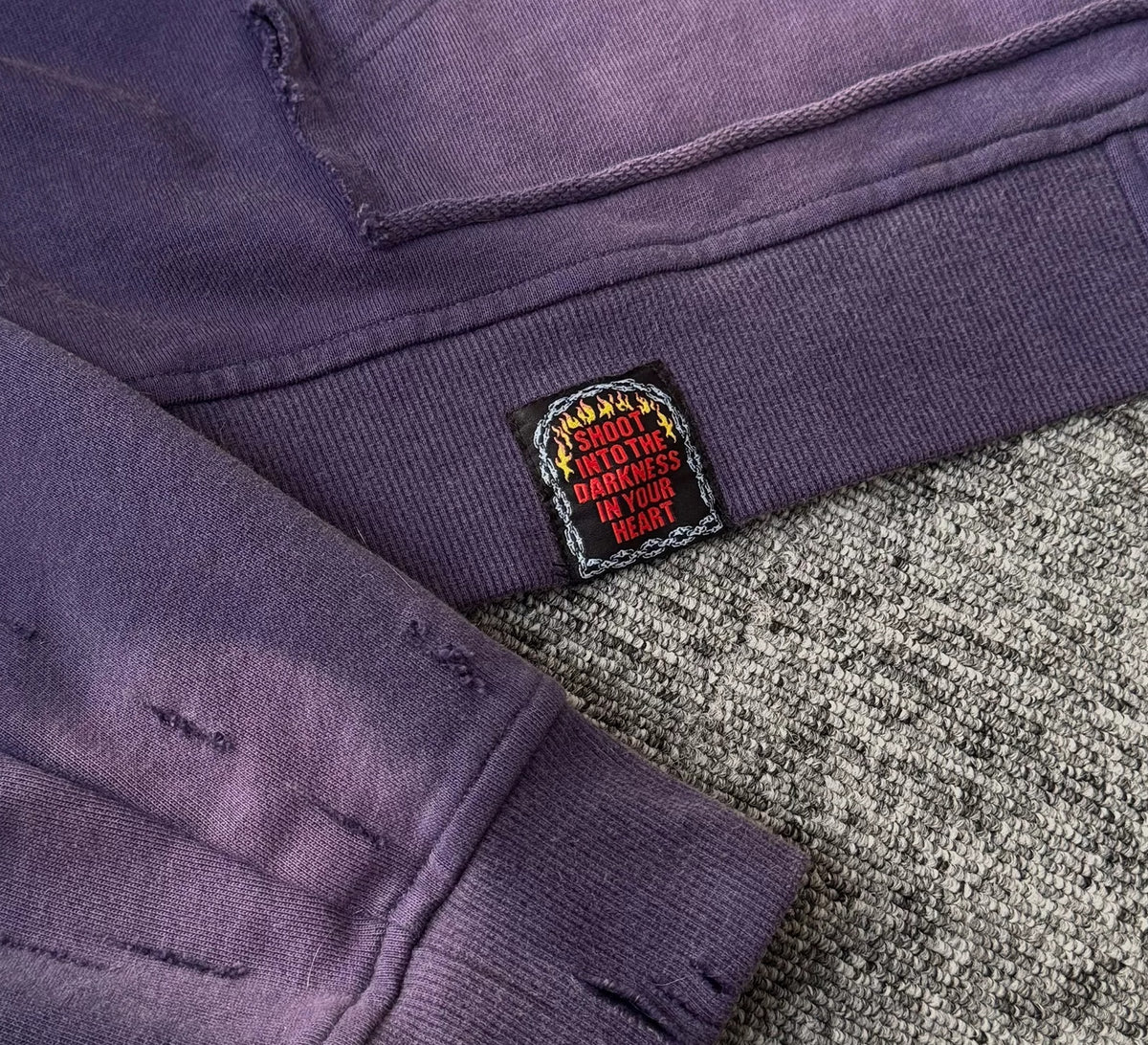 KLICKCLAK Purple Washed Vampire Print Distressed Zip-Up Hoodie - Purple distressed cuff detail
