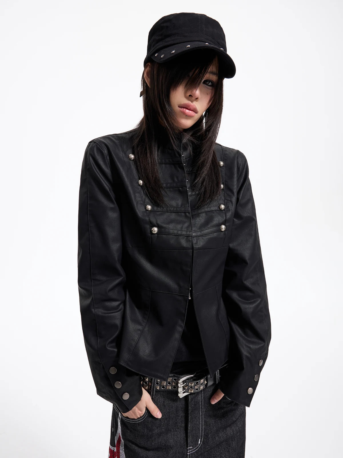 Napoleon Military Faux Leather Jacket - Black front