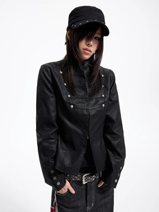 Napoleon Military Faux Leather Jacket - Black front