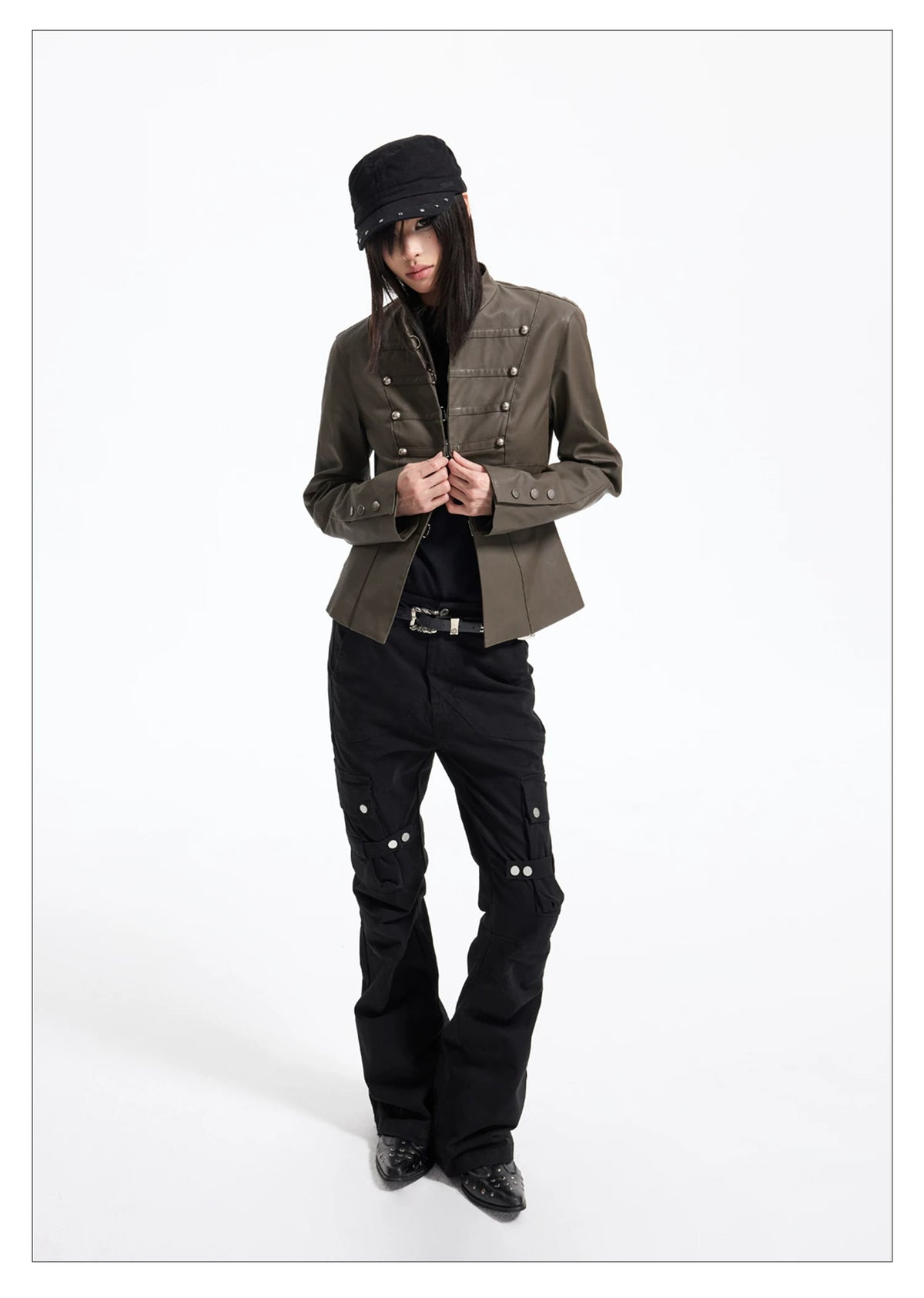 Napoleon Military Faux Leather Jacket - Olive full body buttoning
