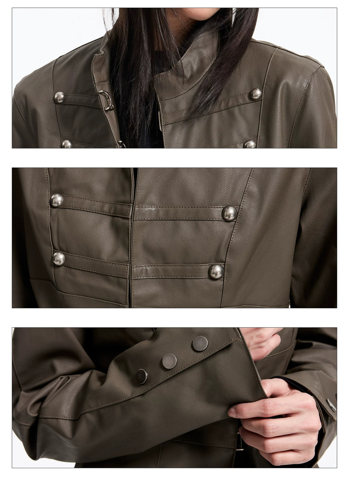 Napoleon Military Faux Leather Jacket - Olive button and cuff details