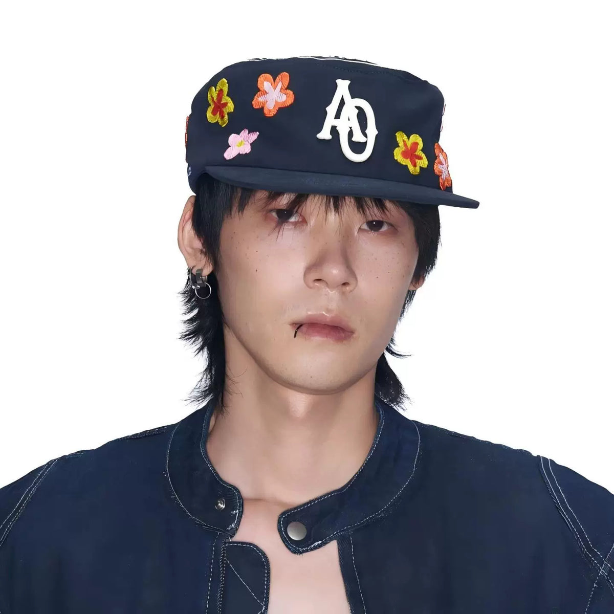 SANB Hwa navy embroidered cap on white-background model, front view