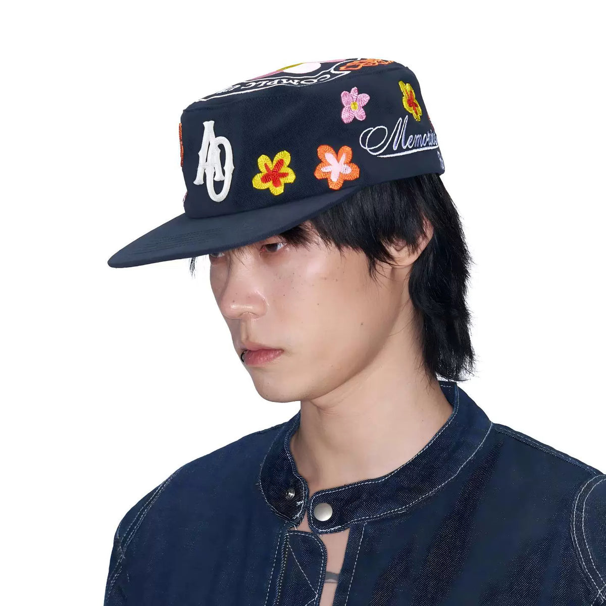 SANB Hwa floral embroidered cap on model, side detail