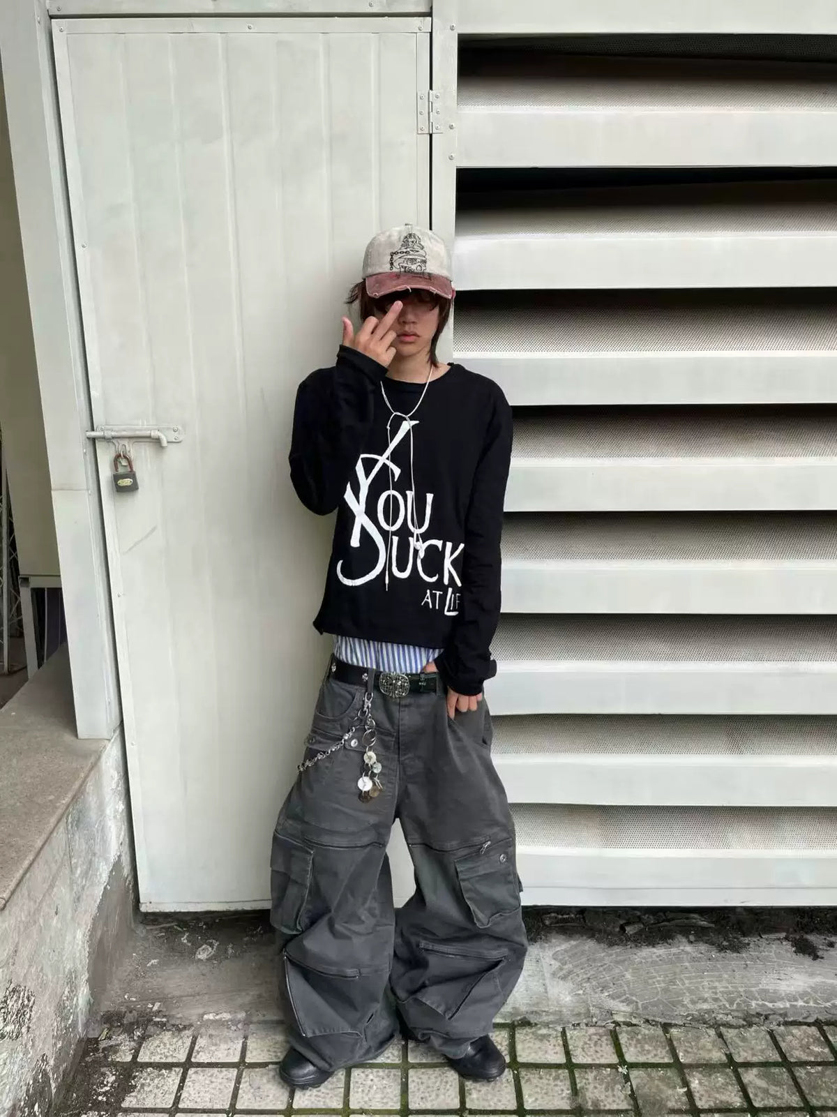 You Suck At Life Crackle Print Long Sleeve Tee - Black street look side