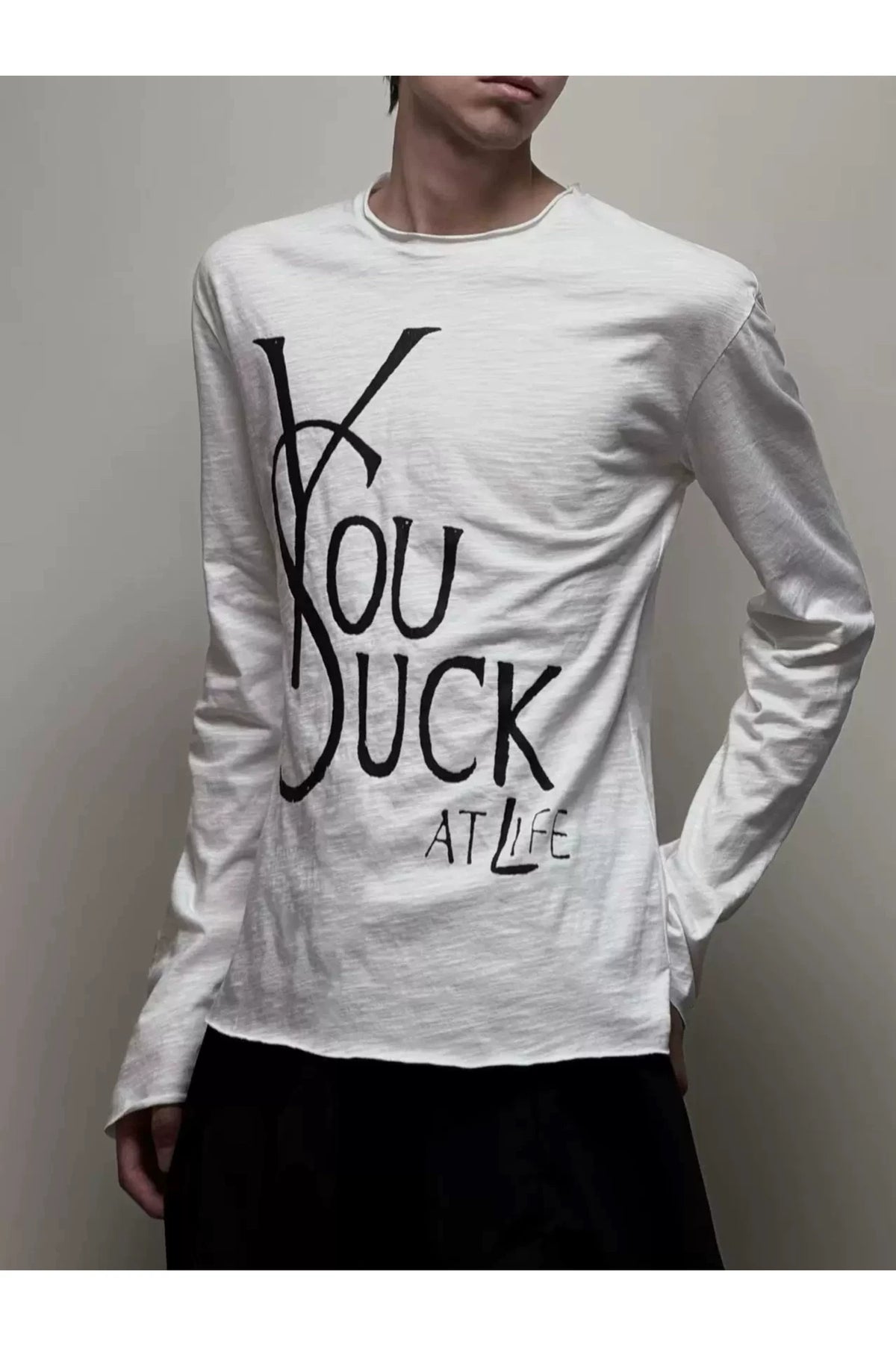 You Suck At Life Crackle Print Long Sleeve Tee - White front