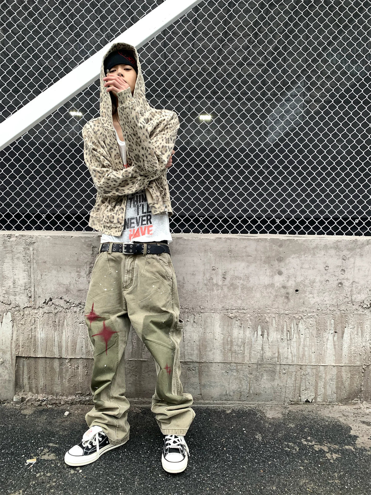 Washed Leopard Cropped Zip-Up Hoodie - street look front
