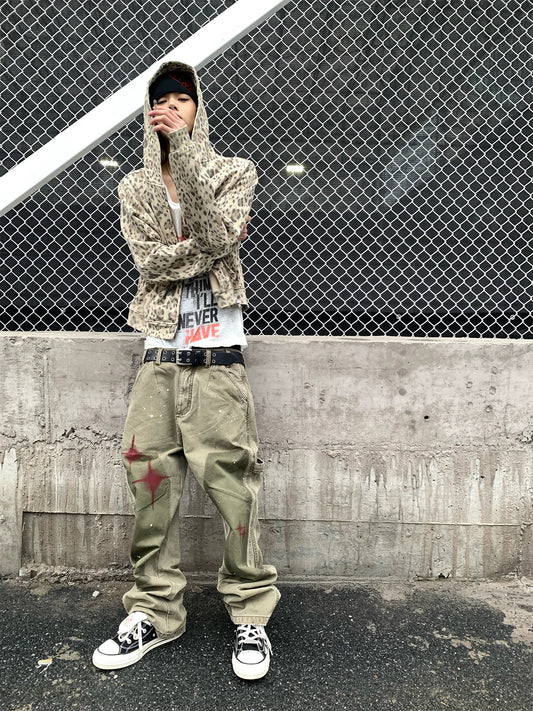 Washed Leopard Cropped Zip-Up Hoodie - street look front