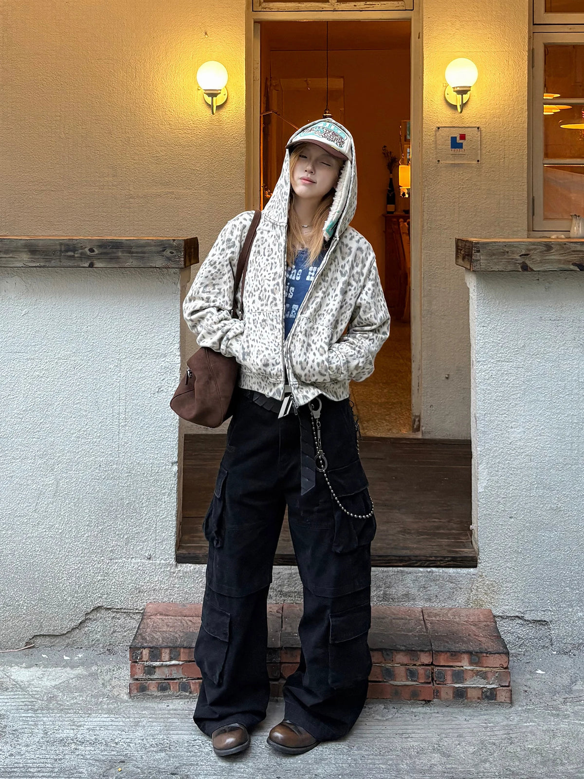 Washed Leopard Cropped Zip-Up Hoodie - styled look with cargo pants
