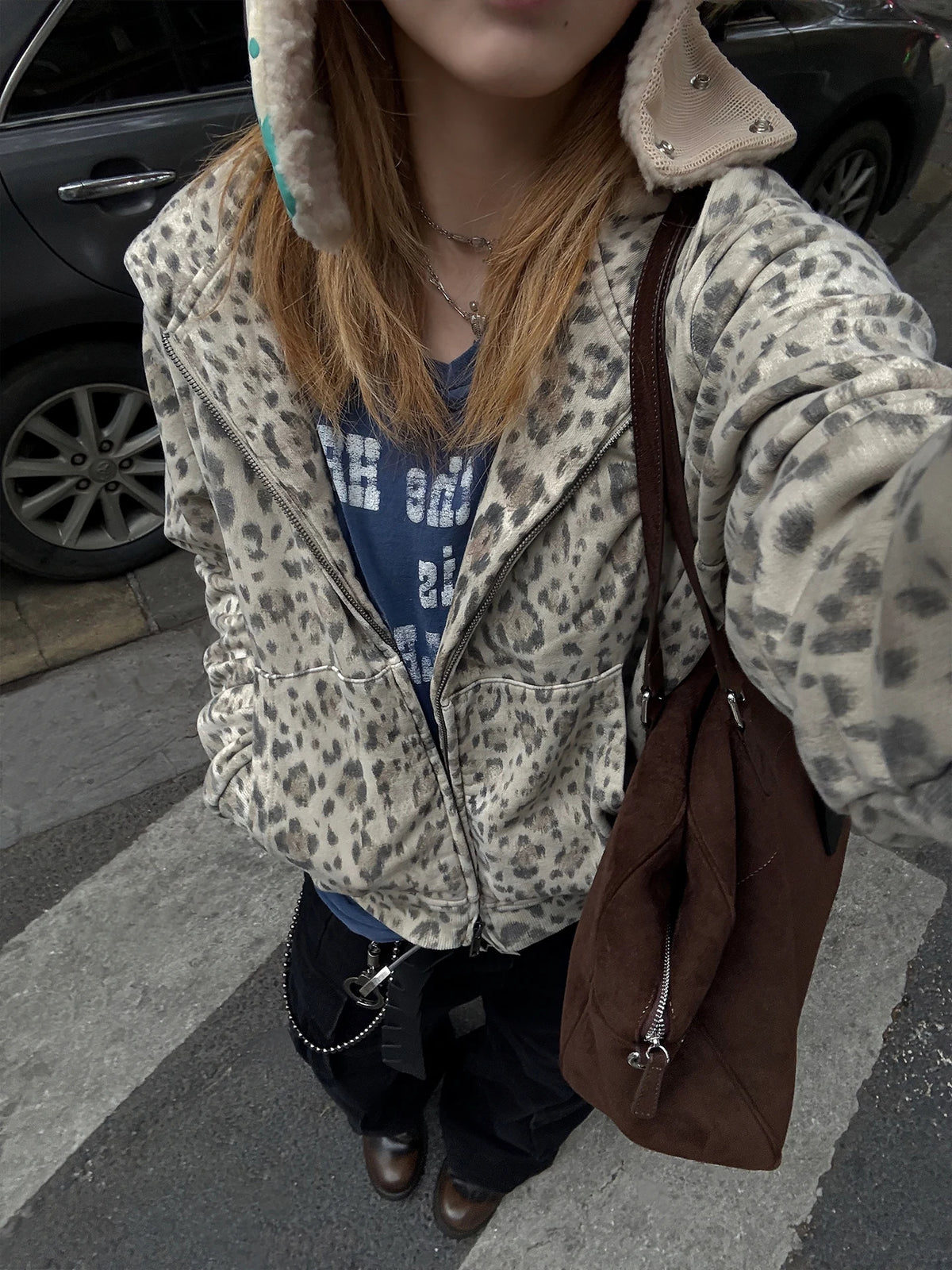 Washed Leopard Cropped Zip-Up Hoodie - close-up worn