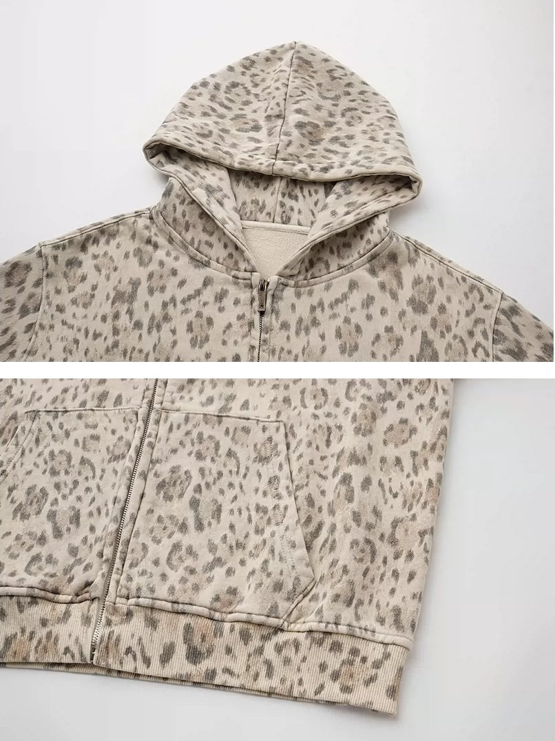 Washed Leopard Cropped Zip-Up Hoodie - hood and hem details