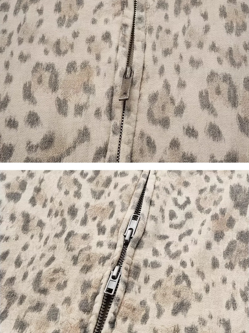 Washed Leopard Cropped Zip-Up Hoodie - zipper details