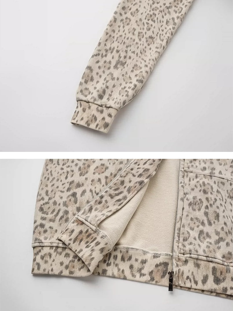Washed Leopard Cropped Zip-Up Hoodie - cuff and lining details
