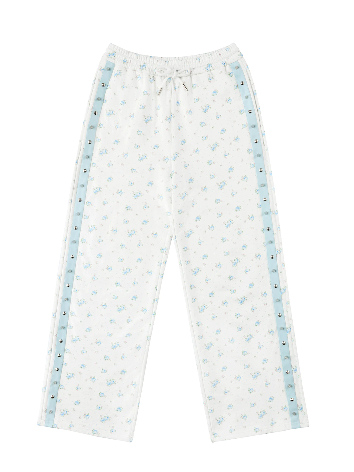CFIERCE Blue Rose Studded-Stripe Sweatpants - white floral sweatpants front on white