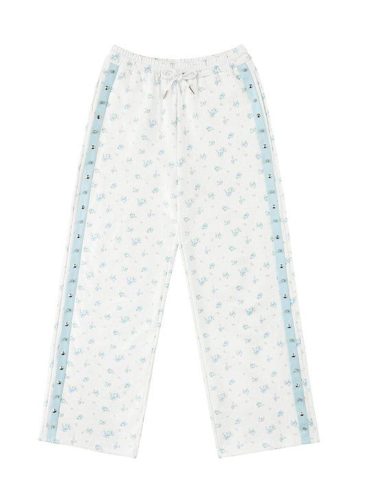 CFIERCE Blue Rose Studded-Stripe Sweatpants - white floral sweatpants front on white