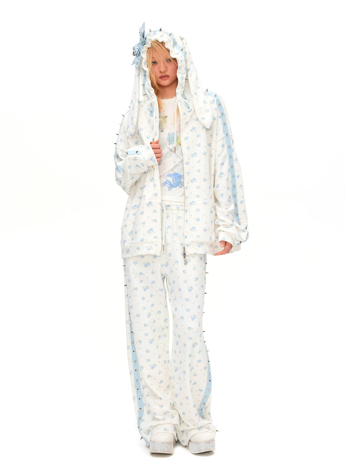 CFIERCE Blue Rose Studded-Stripe Sweatpants - full styled look on white-background model