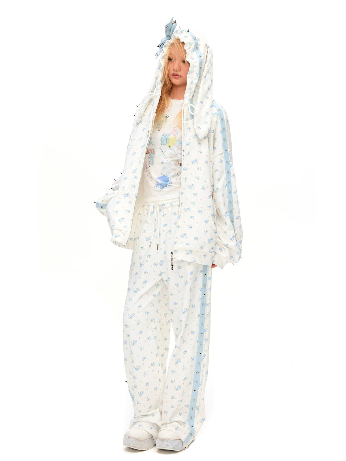 CFIERCE Blue Rose Studded-Stripe Sweatpants - front fit on model