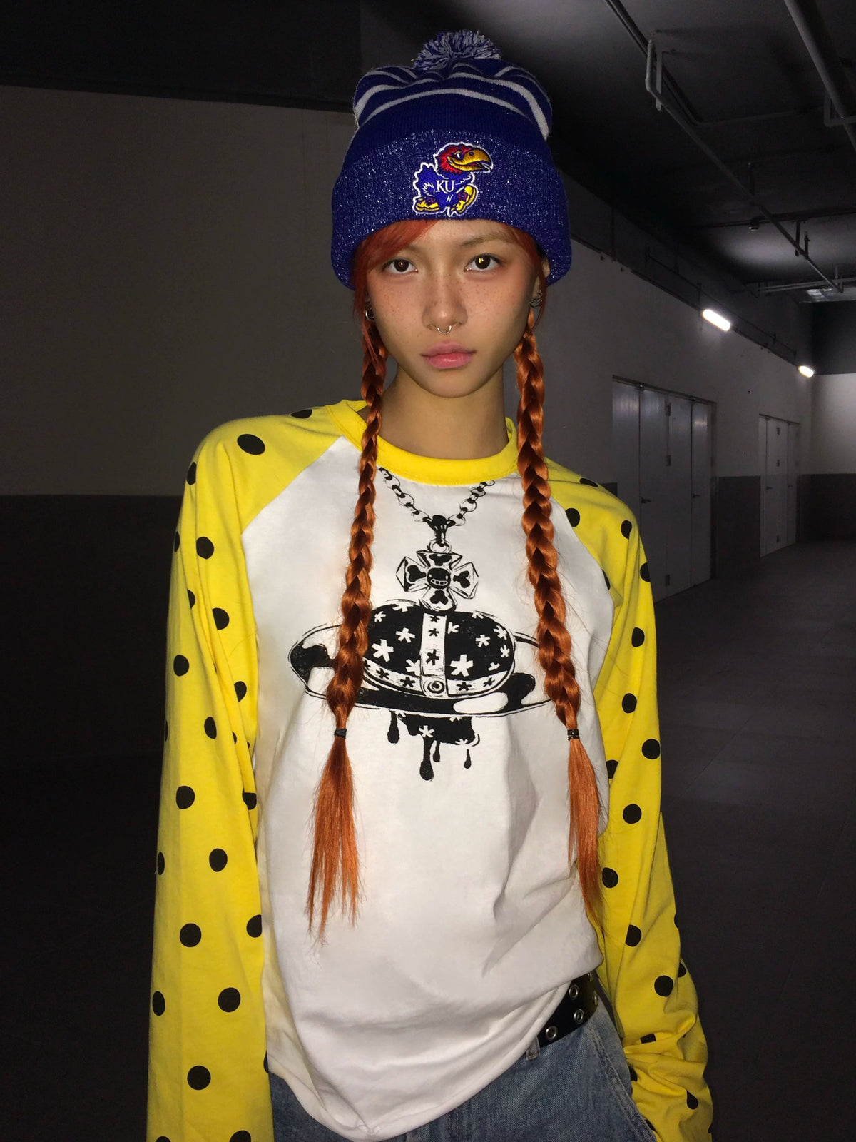 Polka Dot Raglan Planet Necklace Print Long Sleeve Tee - White yellow polka dot sleeves look