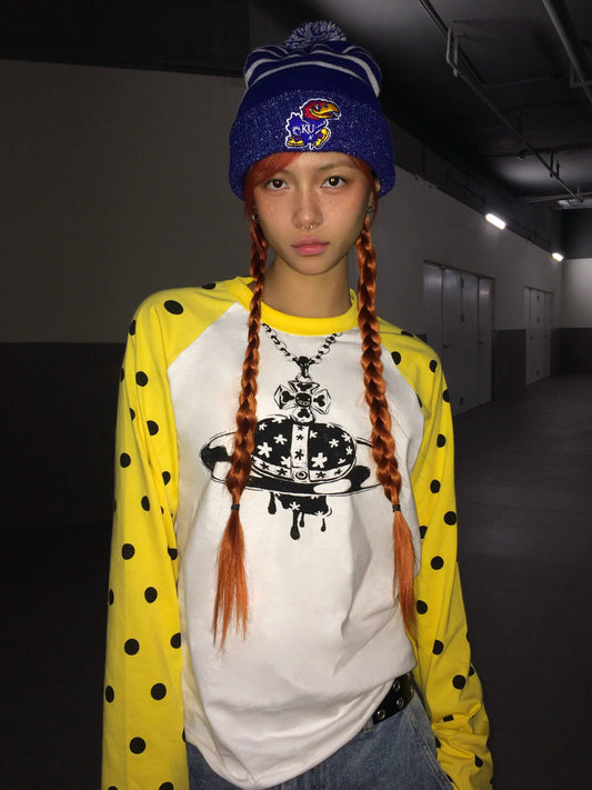 Polka Dot Raglan Planet Necklace Print Long Sleeve Tee - White yellow polka dot sleeves look