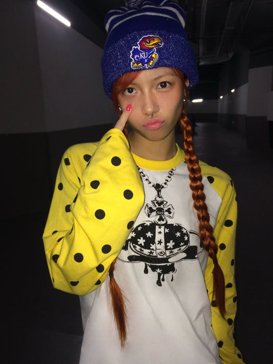 Polka Dot Raglan Planet Necklace Print Long Sleeve Tee - White street look front