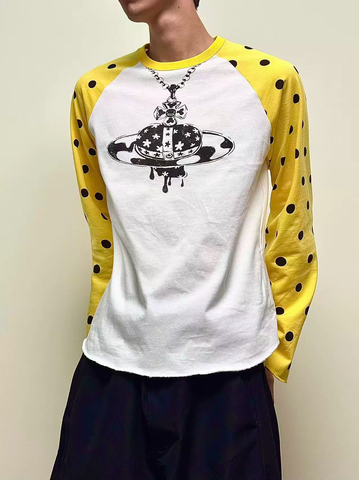 Polka Dot Raglan Planet Necklace Print Long Sleeve Tee - White on-body front