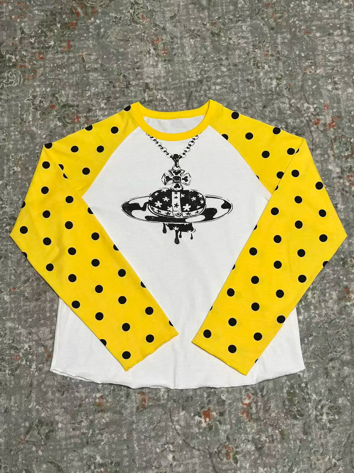 Polka Dot Raglan Planet Necklace Print Long Sleeve Tee - White flat lay front