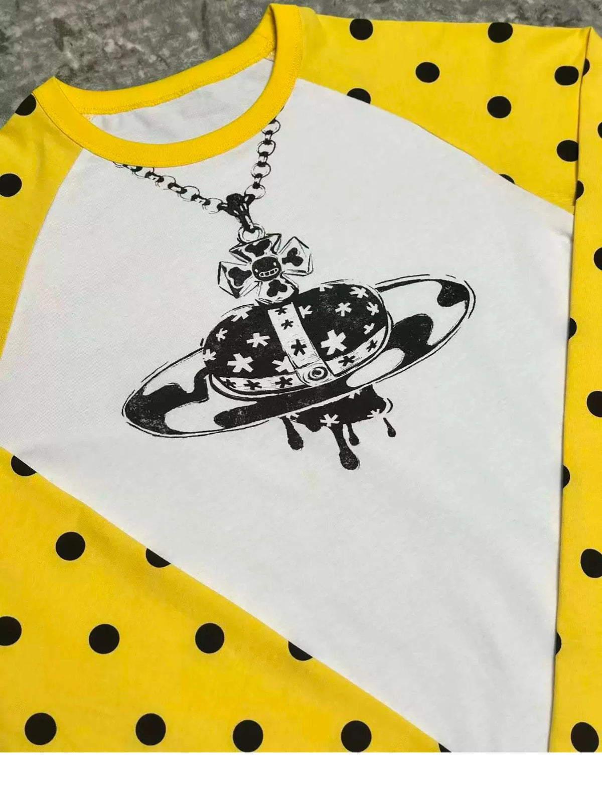 Polka Dot Raglan Planet Necklace Print Long Sleeve Tee - White print close-up