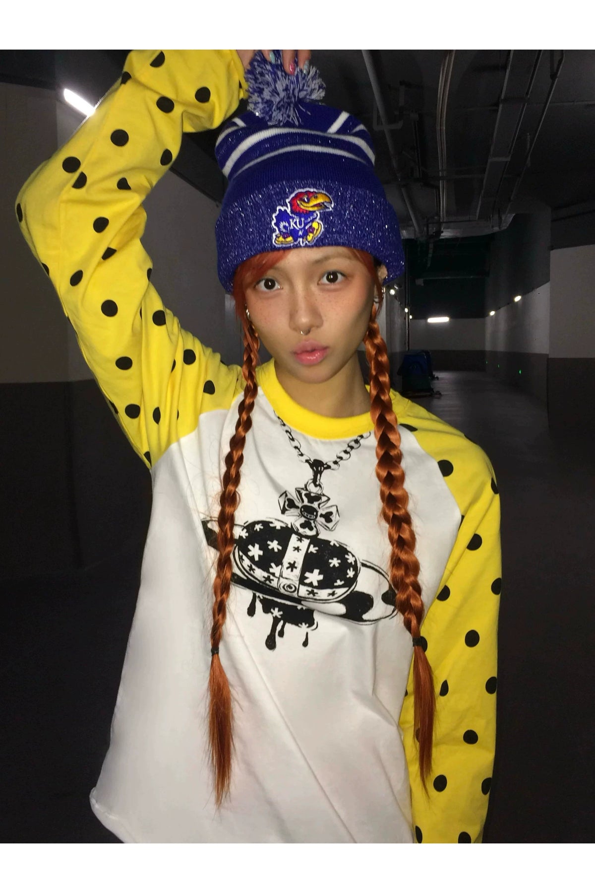 Polka Dot Raglan Planet Necklace Print Long Sleeve Tee - White raised arm look