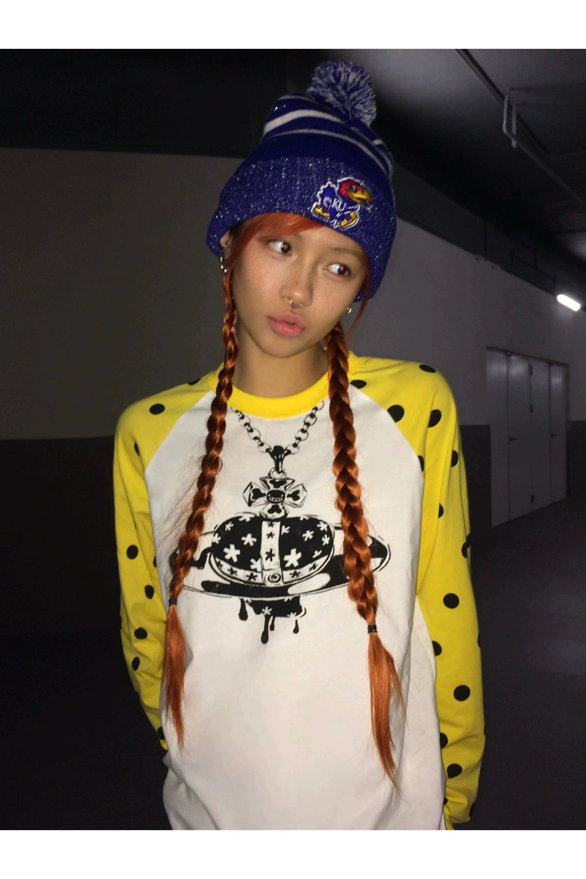 Polka Dot Raglan Planet Necklace Print Long Sleeve Tee - White side look