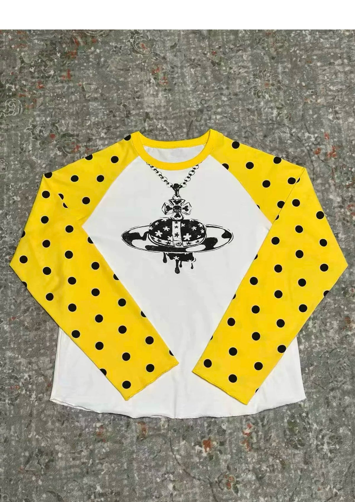Polka Dot Raglan Planet Necklace Print Long Sleeve Tee - White flat lay full view