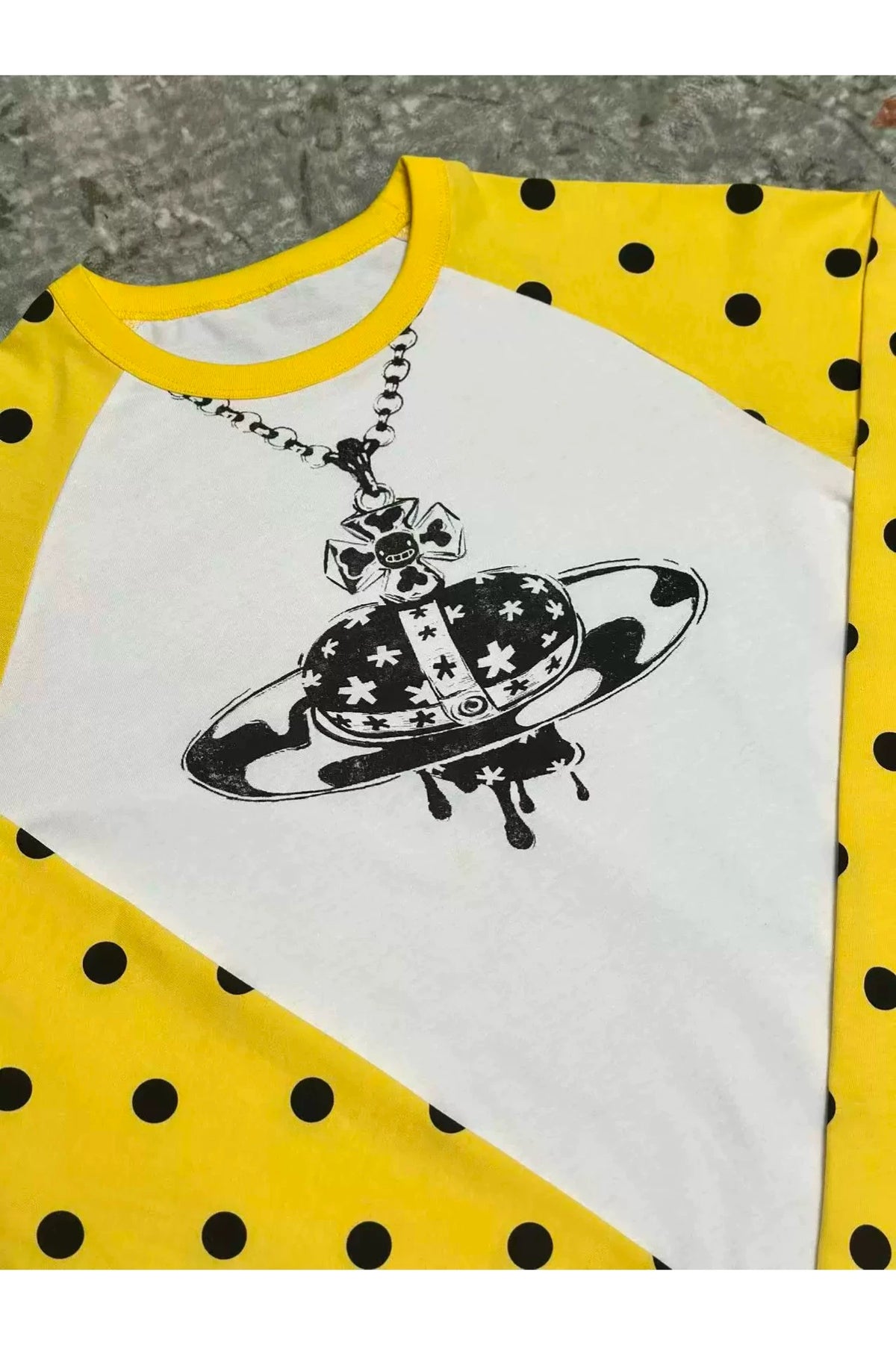 Polka Dot Raglan Planet Necklace Print Long Sleeve Tee - White print and sleeve detail