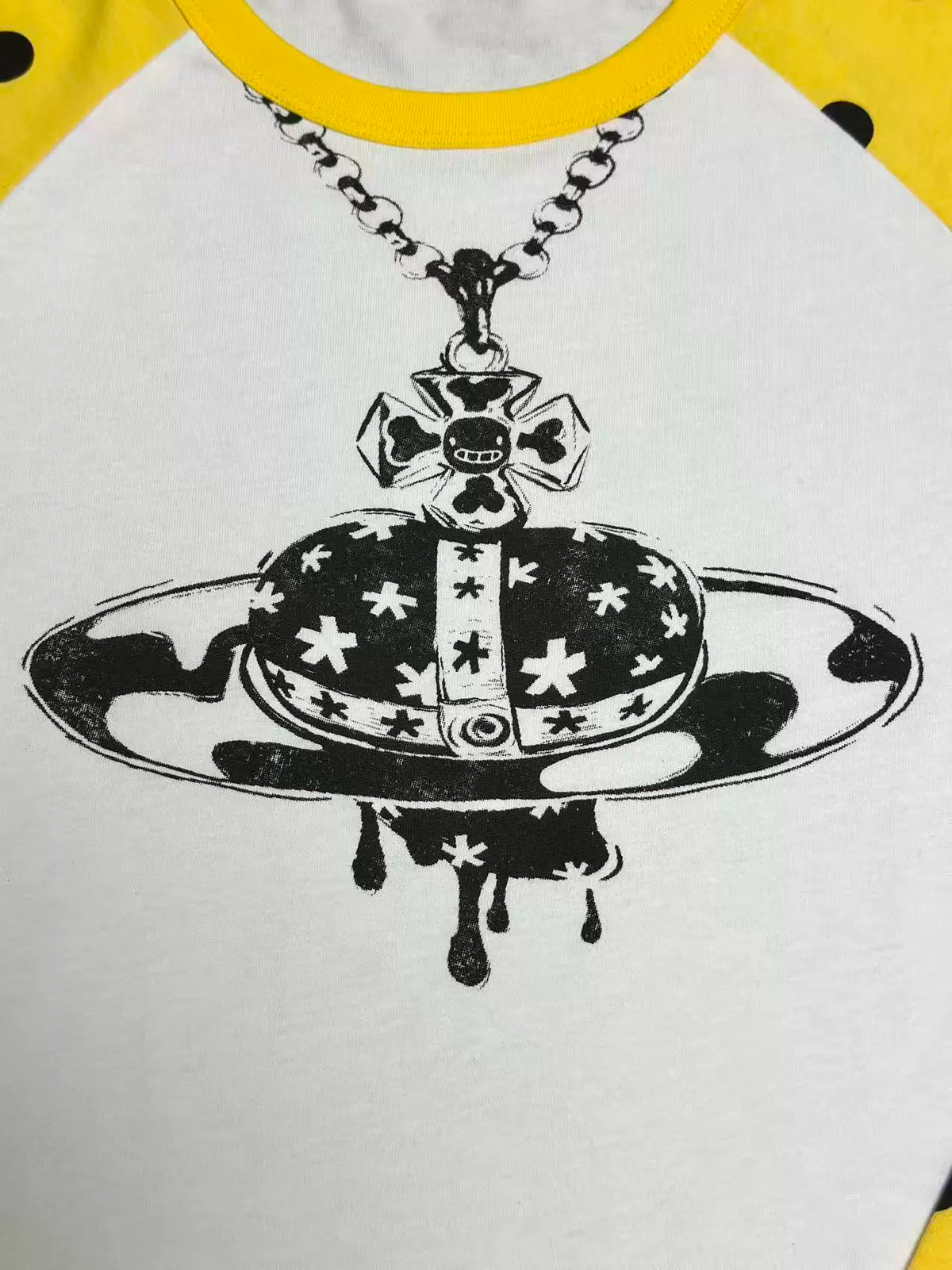 Polka Dot Raglan Planet Necklace Print Long Sleeve Tee - White hand-drawn print close-up