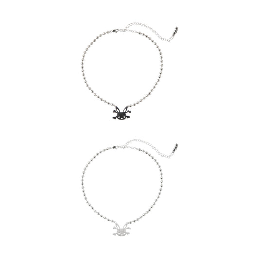 CFIERCE Rhinestone Bunny Skull Mini Necklace - black and white bunny-skull necklaces, aligned top to bottom on white