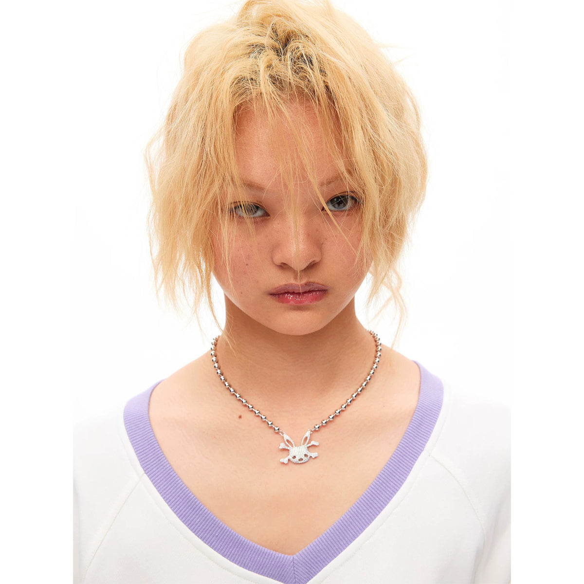 CFIERCE Rhinestone Bunny Skull Mini Necklace - white rhinestone bunny-skull mini necklace worn by model