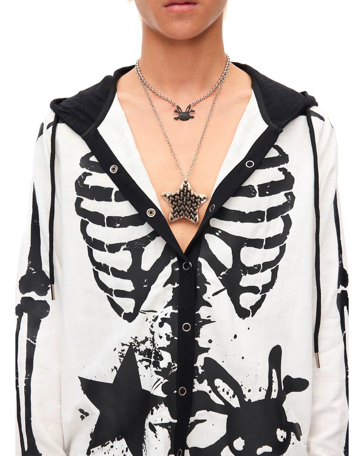 CFIERCE Rhinestone Bunny Skull Mini Necklace - black bunny-skull necklace styled with skeleton-print top