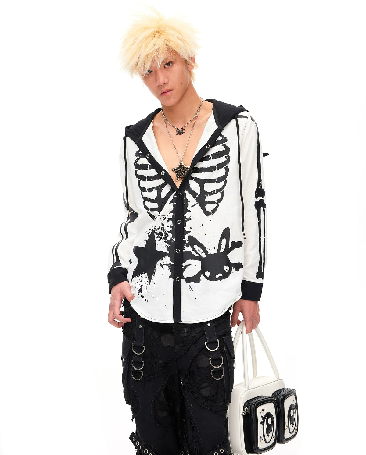 CFIERCE Rhinestone Bunny Skull Mini Necklace - black bunny-skull necklace worn at an angle