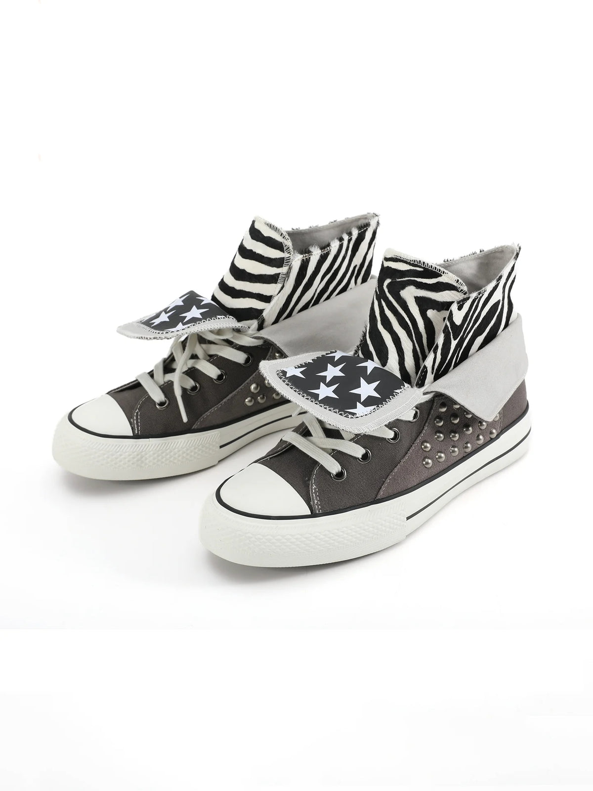 NumbAsia Studded Pony Hair Fold-Over Canvas High-Top Sneakers - Gray Zebra pair front view