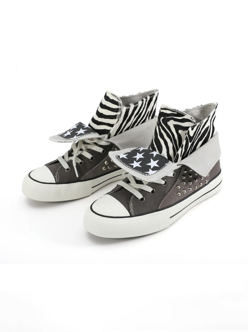 NumbAsia Studded Pony Hair Fold-Over Canvas High-Top Sneakers - Gray Zebra pair front view